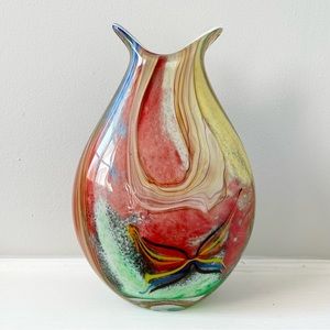 Large Heavy Rainbow Swirl Fish Mouth Encased Art Glass Murano Style Vase